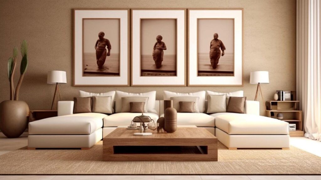 Semi abstract, semi realistic paintings representing African women of different generations coming out of the water in a modern living room decorated with eath tones