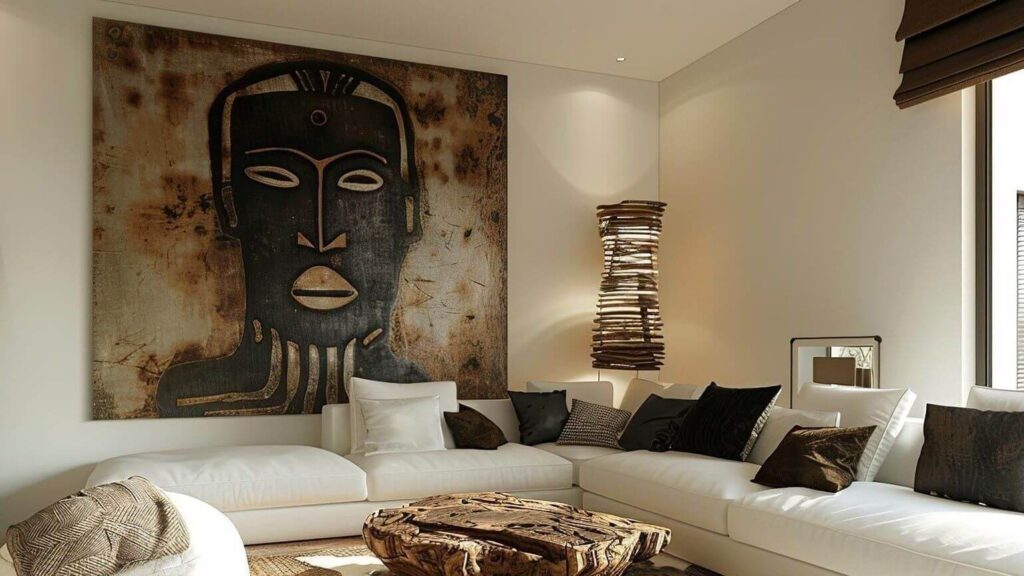 Large living room decorated whit accents of traditional African art and pieces of furniture, such as a large painting representing the portrait of an African main in Earth-tones and an organic coffee table