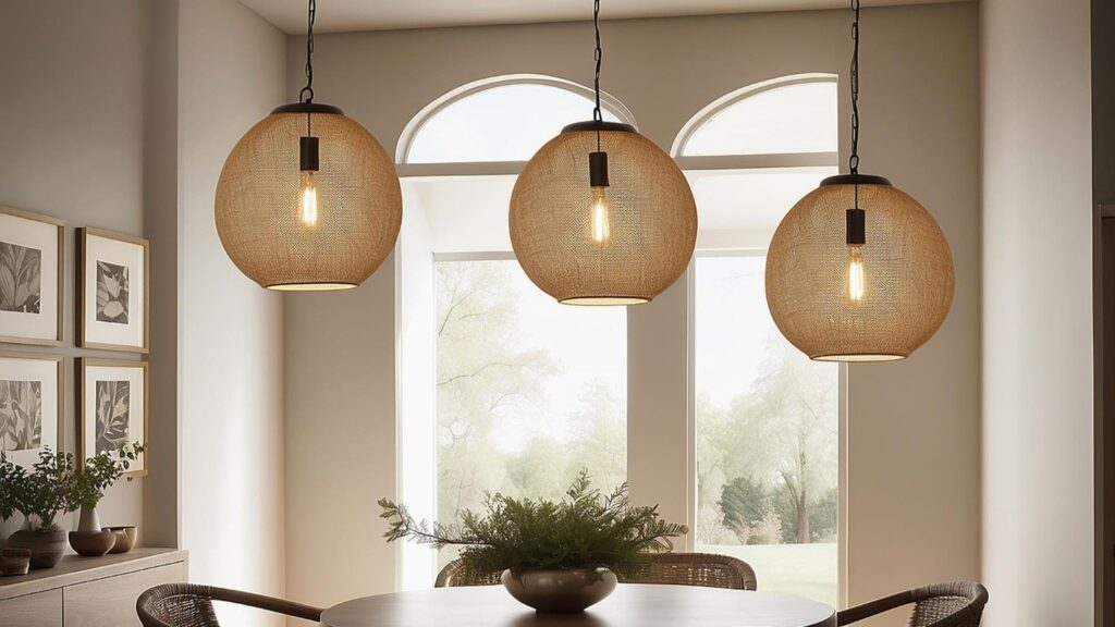 Beautiful spherical lamps in a dining area overlooking the garden over a circular wooden table surrounded by woven chairs.