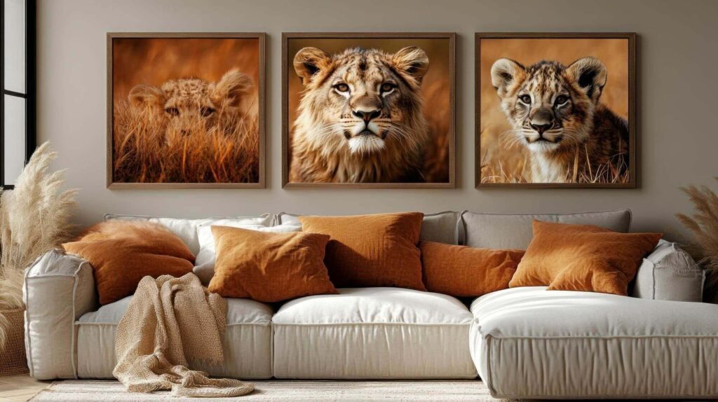 African wall decor: Assortment of three photographs: the one in the middle represent a young adult lion and the ones on either sides depict lion cubs. The Lion cub on the left is hiding behind the bush. The room also includes a large angle couch with brown throw pillow and a woven throw blanket