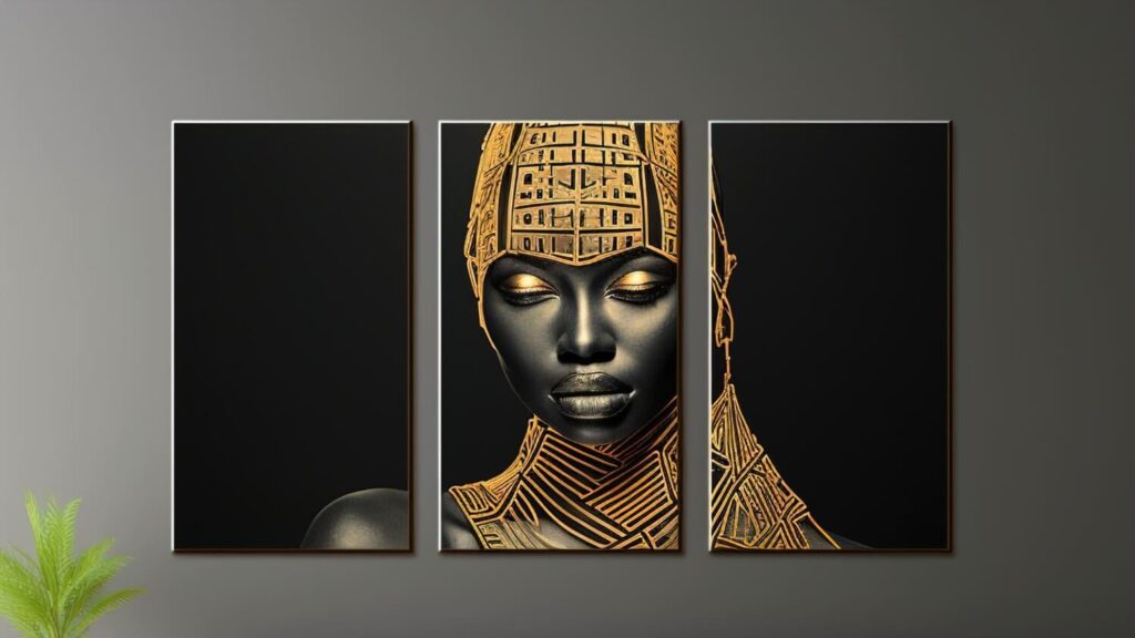 Art that is semi photo, semi digital, representing an African woman closing her eyes with golden eye-shadow and a golden head piece around her head and neck evoking royalty