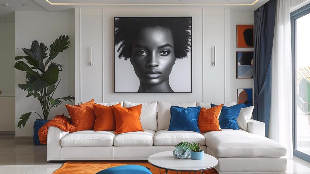 African wall decor: Modern living room with a white couch that has orange and blue throw pillows, a round side table and a large black and white photograph of an African woman on the wall