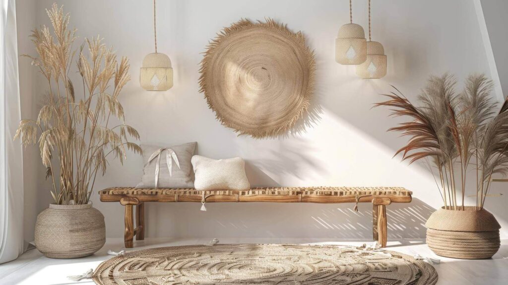 Luminous room decorated in a boho vibe with a natural wall basket, woven plant pots, pendant lamps, a wooden bench, throw pillows and a round mat