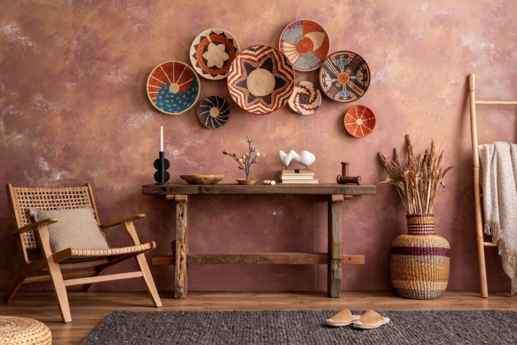 African wall decor: Room decorated in a modern boho style with a pink wall painted in a faded style that has an assortment of colorful African wall baskets hanged on it. The room also includes a woven chair, a console table with decor items on it, and a woven basket with a dry arrangement inside of it