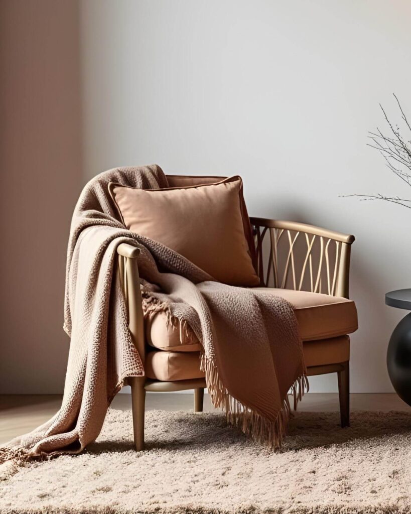 Wooden chair with a soft woven cotton throw blanket on it