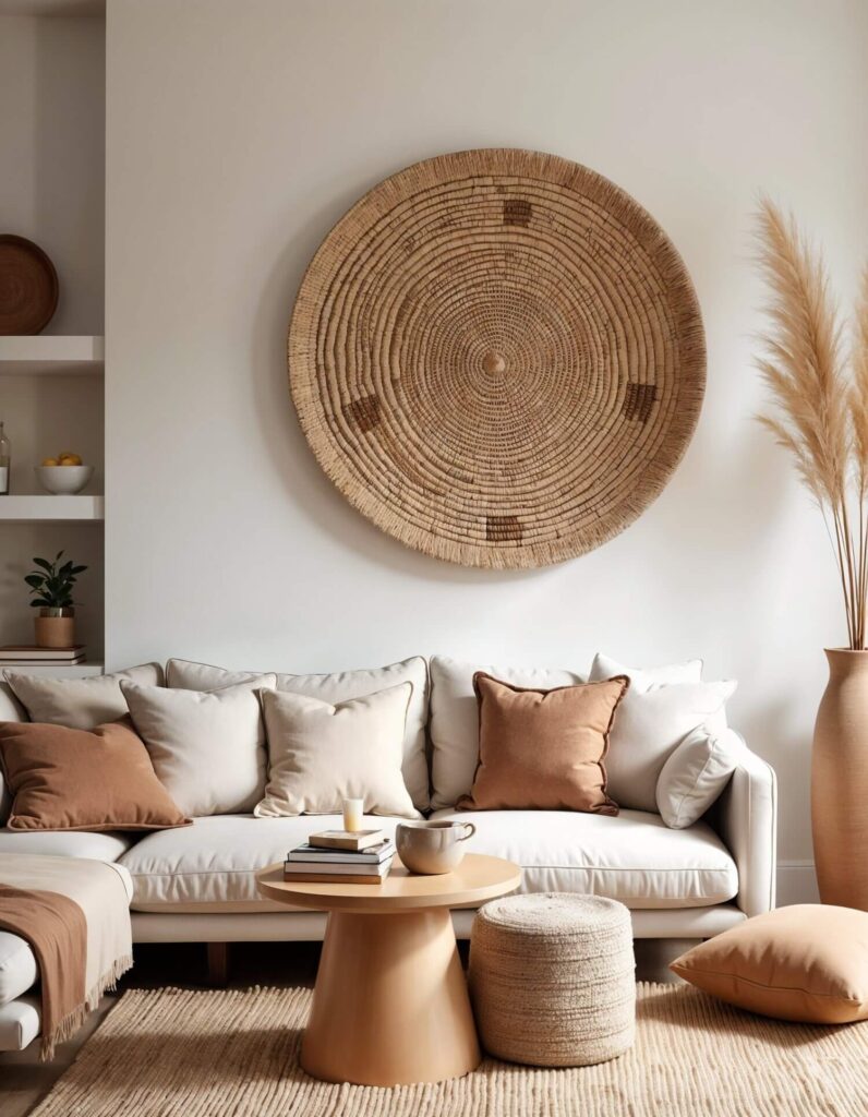 A bright living room with a sectional couch, a round side table, and a large woven wall decoration, creating a cozy and inviting atmosphere.