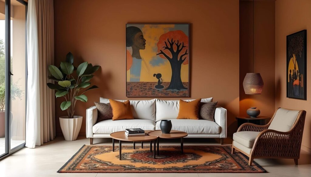 A small African living room with African interior design ideas: walls painted in terracotta, a cream couch with earth-toned throw pillows on it, a wooden coffee table with coffee table books and a black decor pot on it, a wooden carved chair, an ebony side table with a decor pot and a woven lamp hanged above it, a colorful African rug, a white ceramic planter and colorful African paintings hanged on the walls