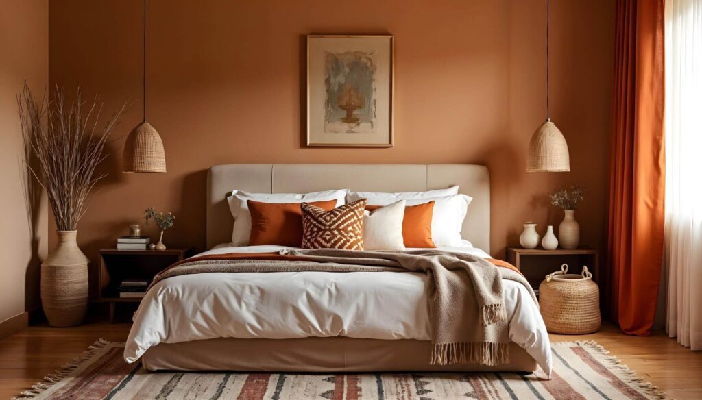 African bedroom decor - Cozy and elegant African inspired bedroom in shades of terracotta. A luxurious bed with white linen, terracotta throw pillows, and a beige cotton throw blanket stands in the middle. A South African rug with rust-red geometric patterns is placed under it. On the right side is a woven gourd holding a dry plant arrangement and on the left side a woven storage basket. Woven pendant lamps hang on top of the bedside tables on each side of the bed. An abstract painting is hanged over the beige bedframe