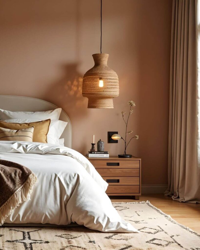 African bedroom decor - Pendant woven lamp hanging over a bedside table by a luxurious bed