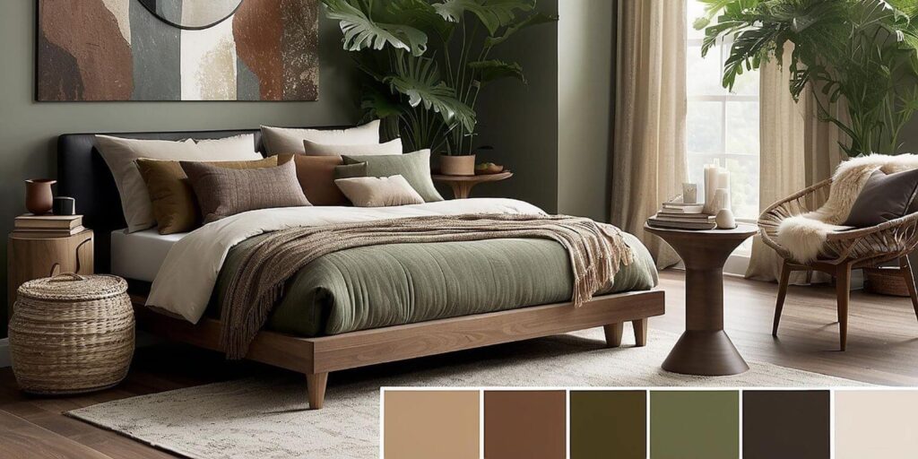 Elegant modern bedroom designed with a natural color palette including green, shades of brown and beige