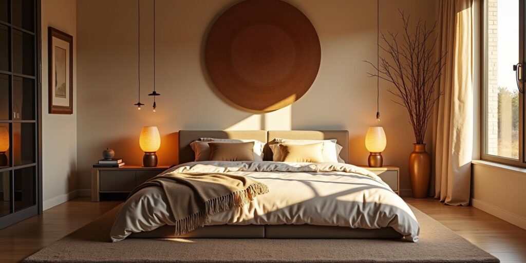 A modern African bedroom with lit up African table lamps. It has a cozy bed, and a round woven item hanged over the bedframe.