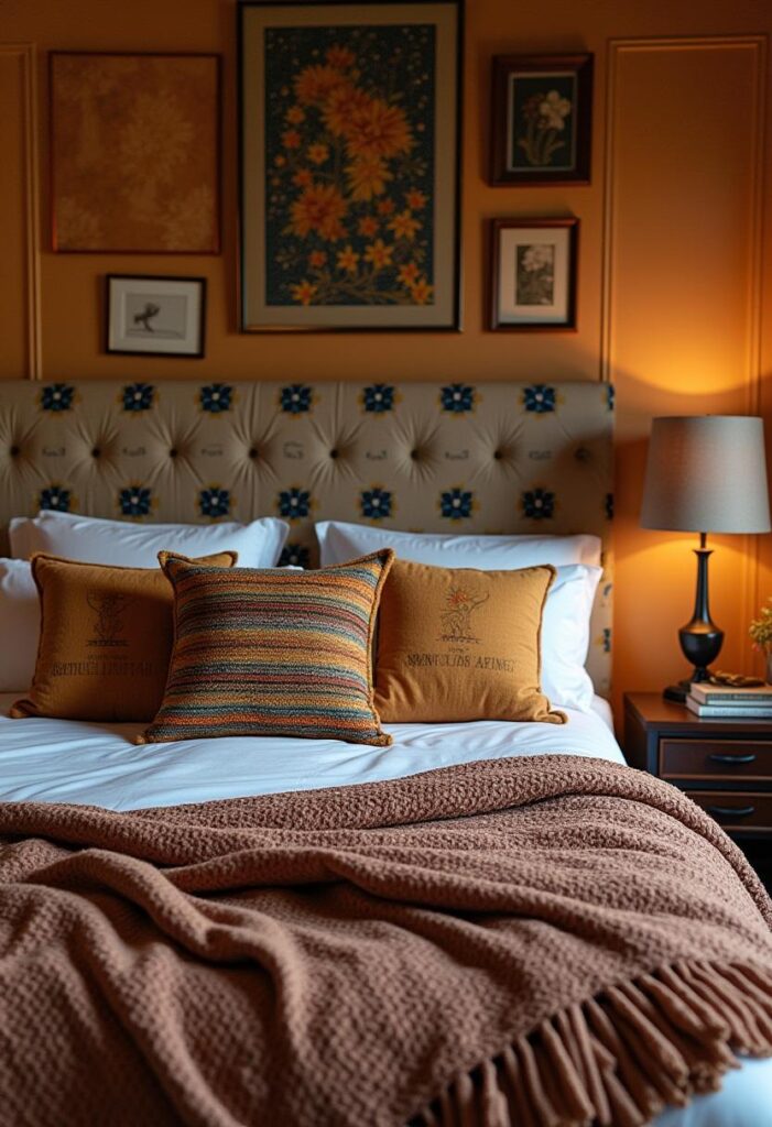 Close up on a cozy throw blanket in an elegant colorful bedroom with African decor influences