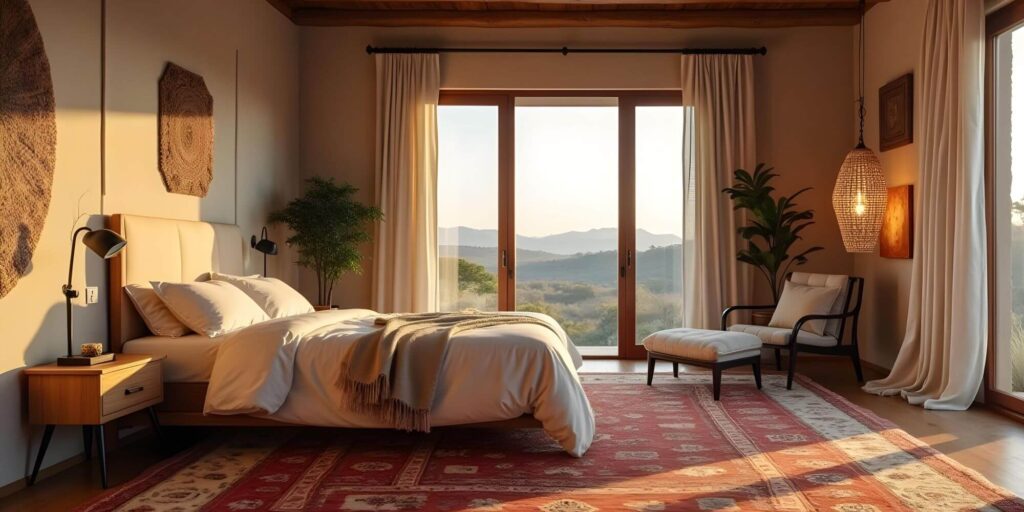 An elegant and cozy bedroom overlooking a beautiful African landscape, including woven wall decor elements, a chic white chair with a footrest, a pendant lamp, and a stunning red Moroccan rug.