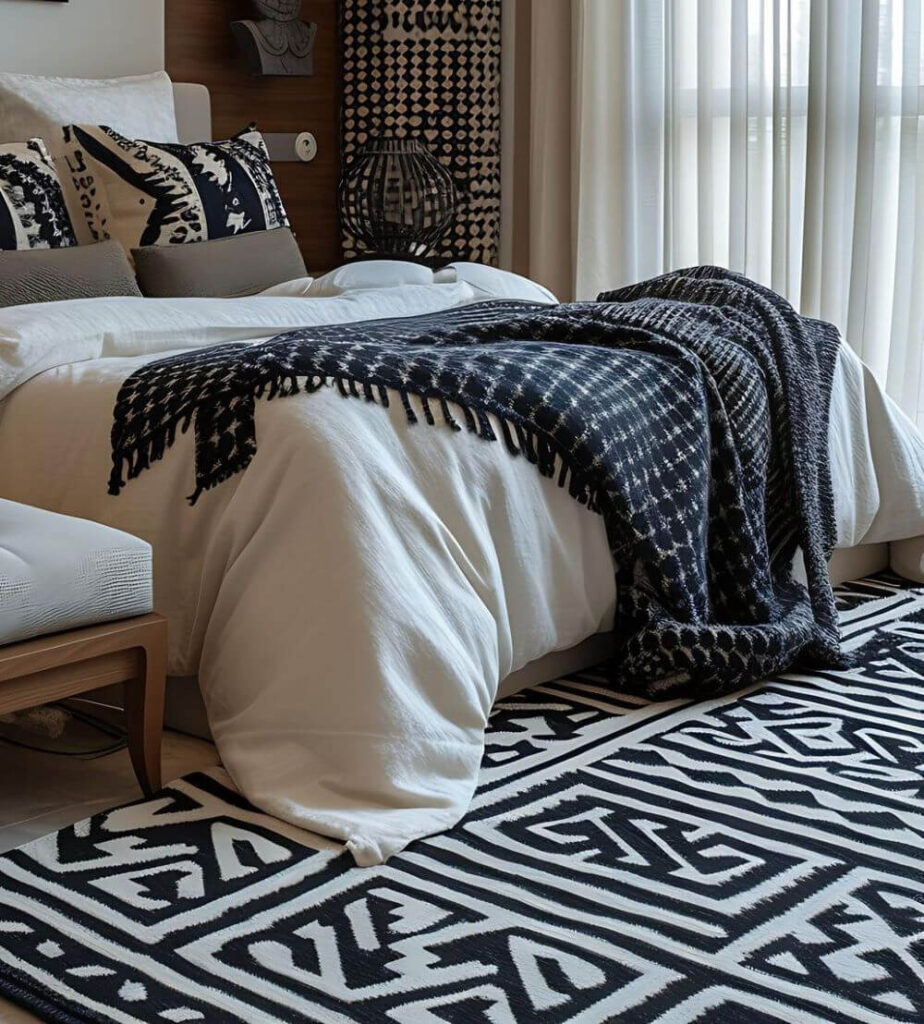 African bedroom decor - Black and white African-inspired bedroom with a cozy bed made with white linen, a black throw blanket with African motifs and black and white throw pillows with African patterns. The rug placed in the room is also white with black African-inspired patterns