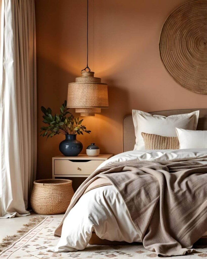 African bedroom decor - Woven pendant lamp hanging over a bedside table in a serene bedroom. A woven basket is also placed in front of the bedside table.