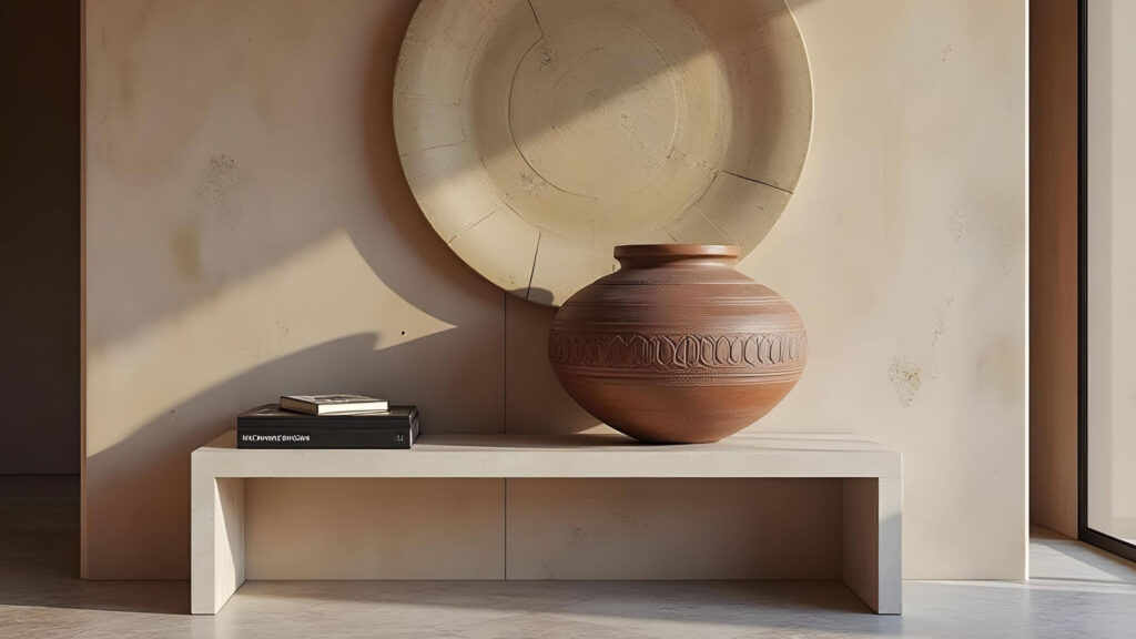 Large ancient African clay pot in dark brown placed on a bench in a modern interior. There are also large coffee table books and a large clay plate hanged on a wall