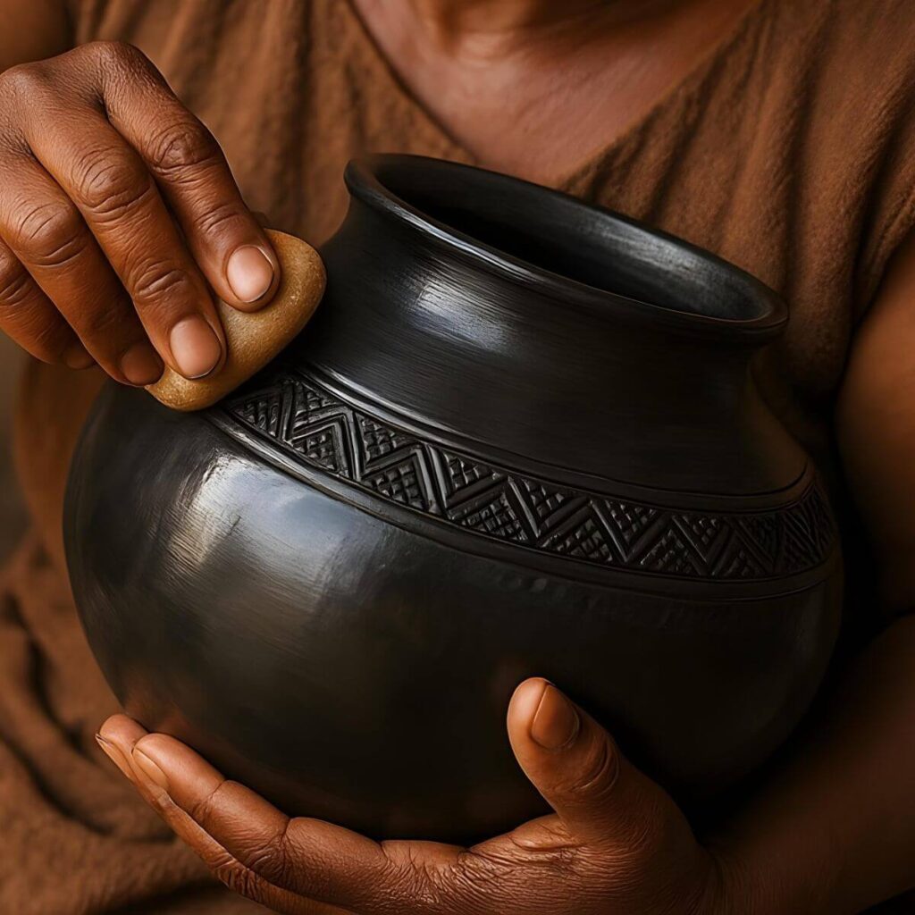 A person polishes a black, intricately patterned clay pot with a stone tool. The hands suggest care and craftsmanship, conveying a sense of tradition.