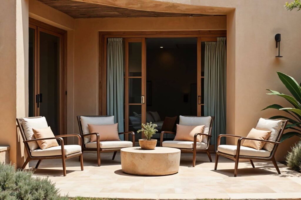 Nice home terrace with terrace armchairs with a wooden frame and boho style white cushions