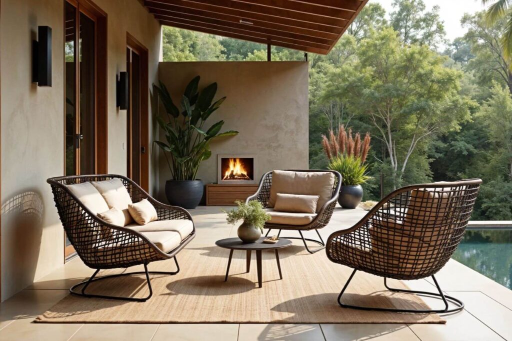 Luxury home terrace by the pool and chimney with metal terrace chairs that have white cushions and white throw pillows, plus a view on beautiful greenery