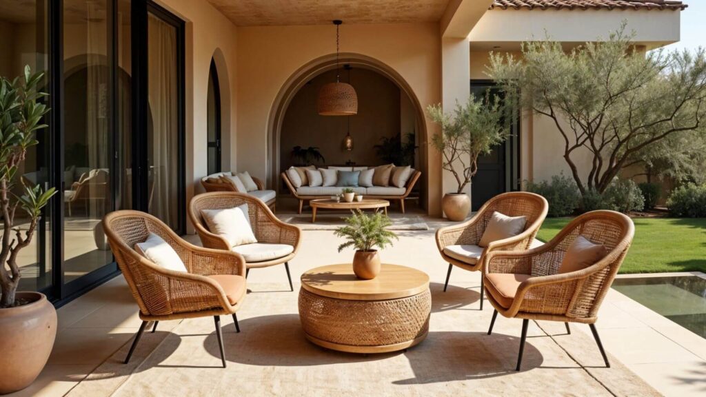 Stunning terrace with a foreground area furnished with woven terrace chairs and a woven coffee table, and a background area with wooden terrace couches and a woven pendant lamp