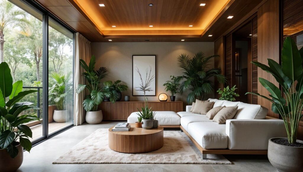 An elegant living room with a stunning tropical home design - Large white angle couch, wooden furniture and lots of plants