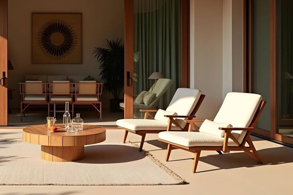 Modern terrace with long lounge chairs with a wooden frame and white cushions