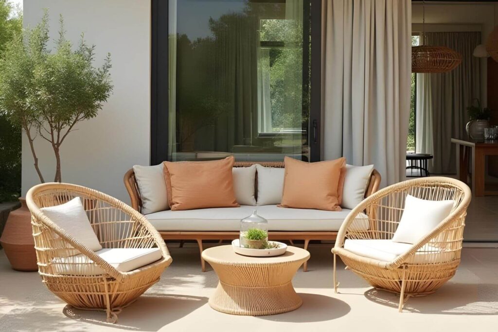 Cozy home terrace with woven terrace chairs