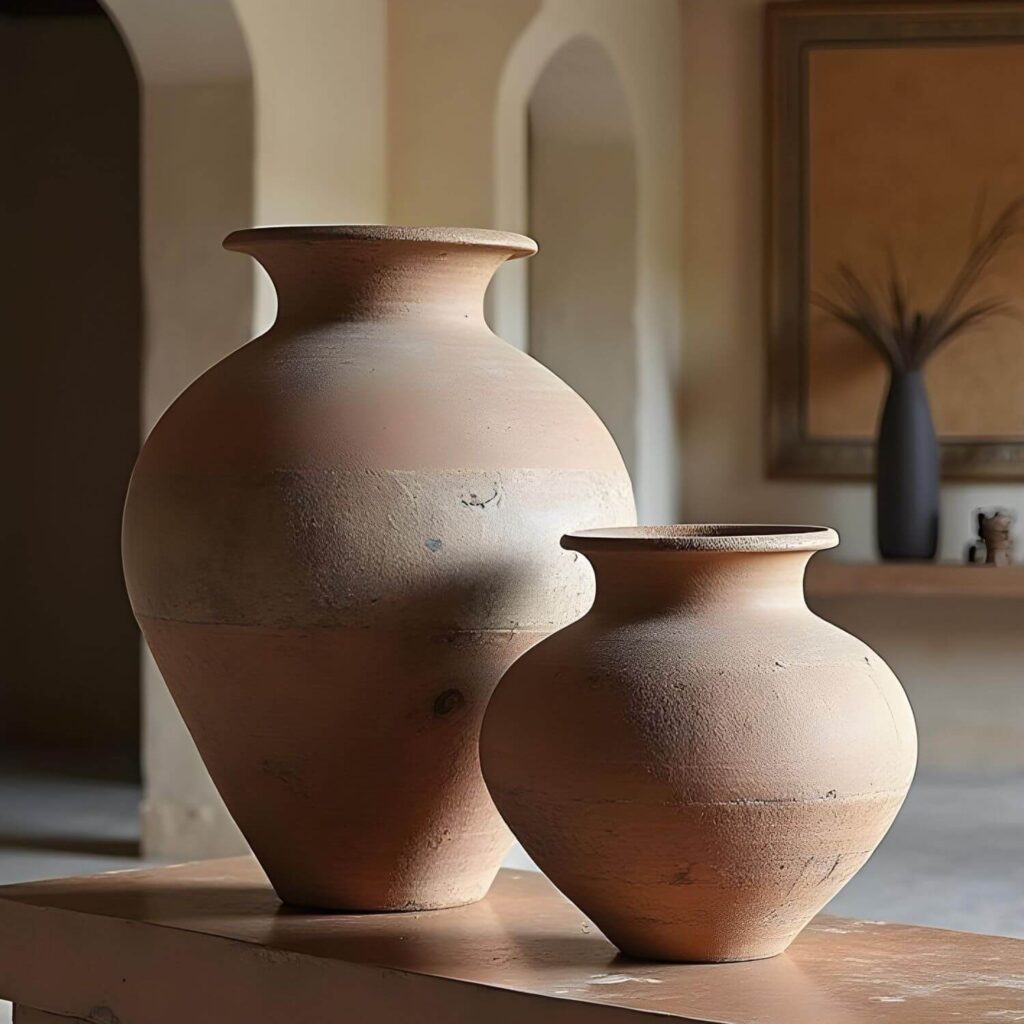 A medium and a large clay pot on a console table in a large gallery room