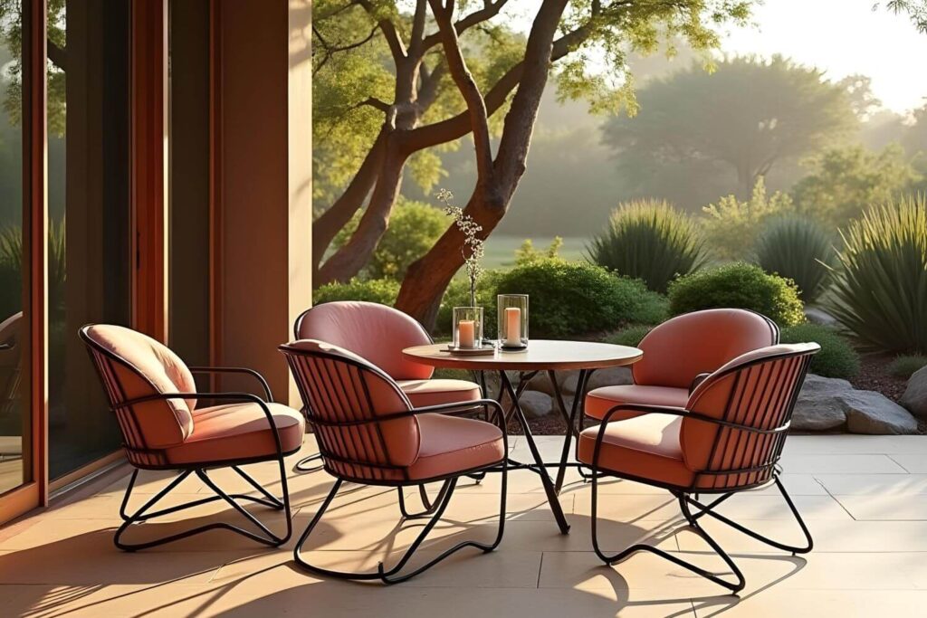 Modern metal terrace chairs with luxurious pink cushions around a wooden table, on a terrace overlooking lush greenery