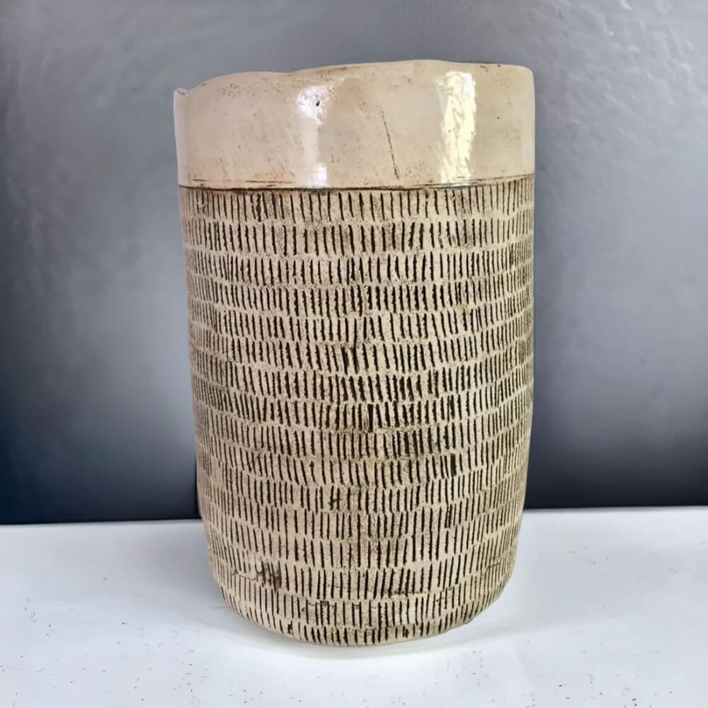 Large ceramic decorative vase in off-white with small black stripes