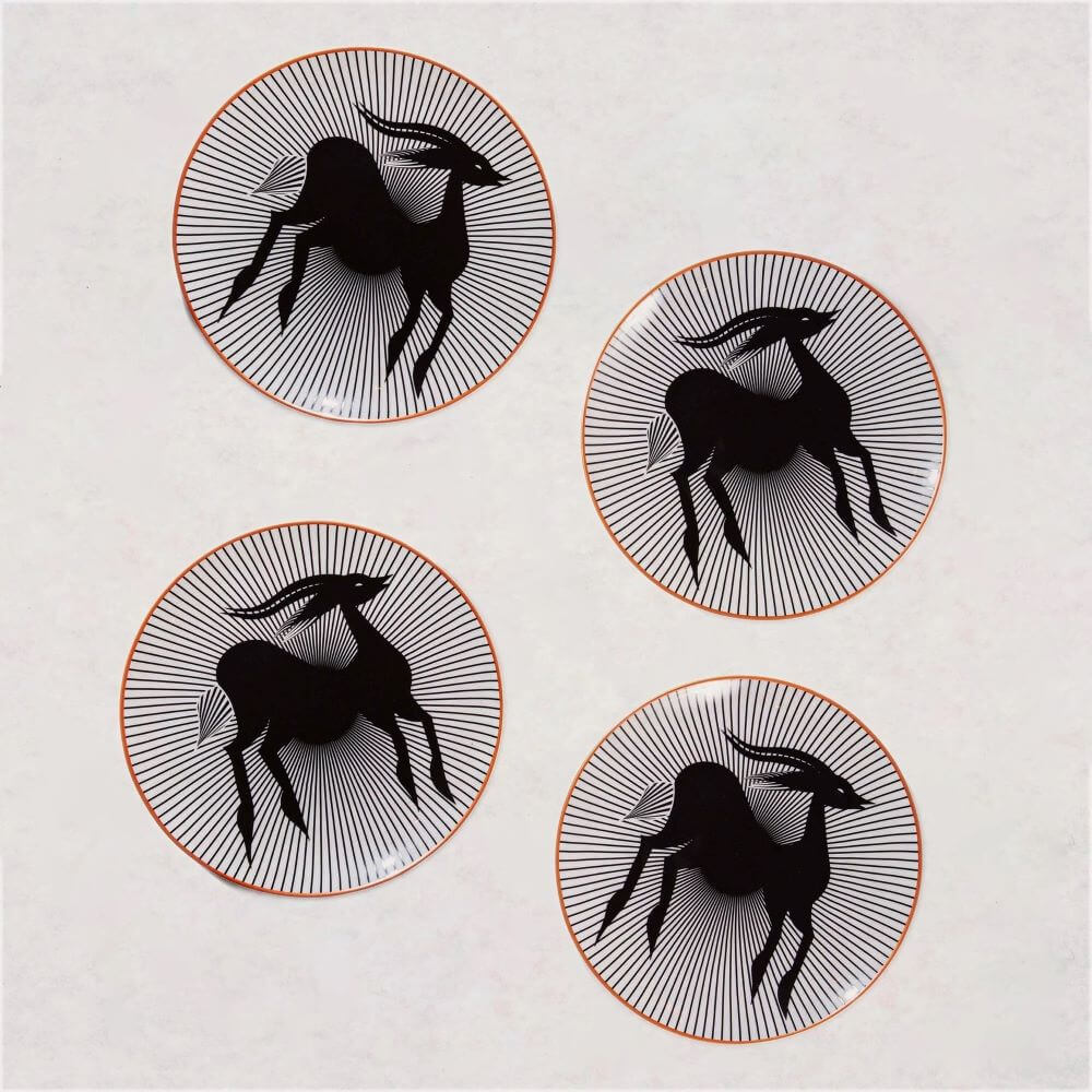 What to Get Mum for Mother's Day - Set of four stunning appetizer plates with a gazelle design over a stripe background