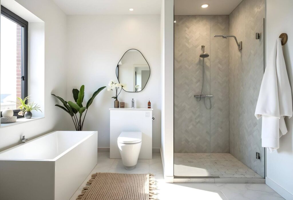 Modern beach house bathroom with all-white design and shower tiled with Moroccan tiles