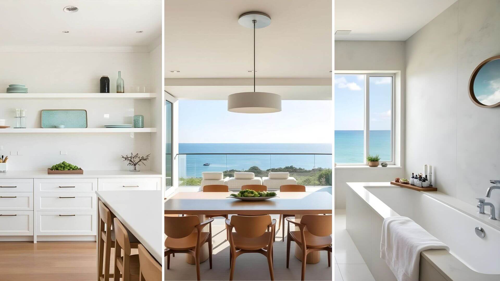 Modern beach house decor collage: stunning beach house kitchen with sleek open shelving, dining room overlooking the sea, minimalist all white bathroom with a bath tub and window overlooking the sea