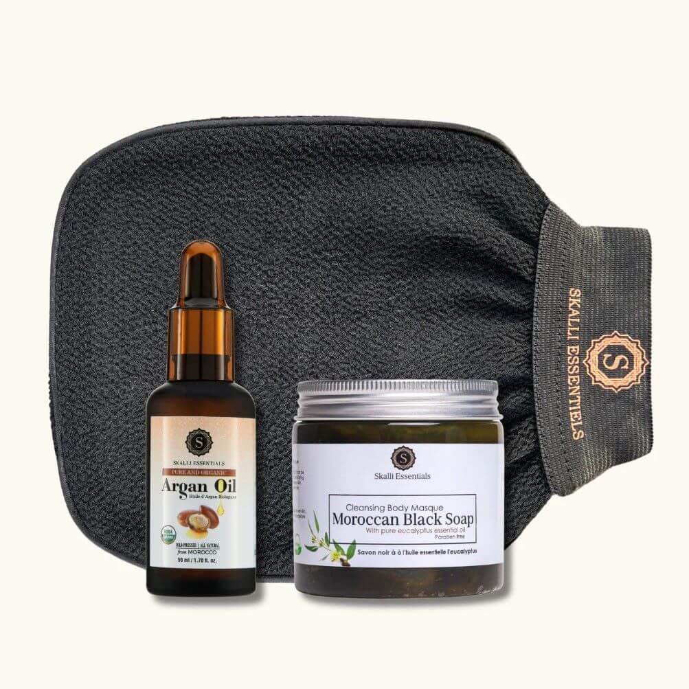 What to Get Mum for Mother's Day - Hammam bundle set including Moroccan argan oil, moroccan black soap and an exfoliating Moroccan glove in black