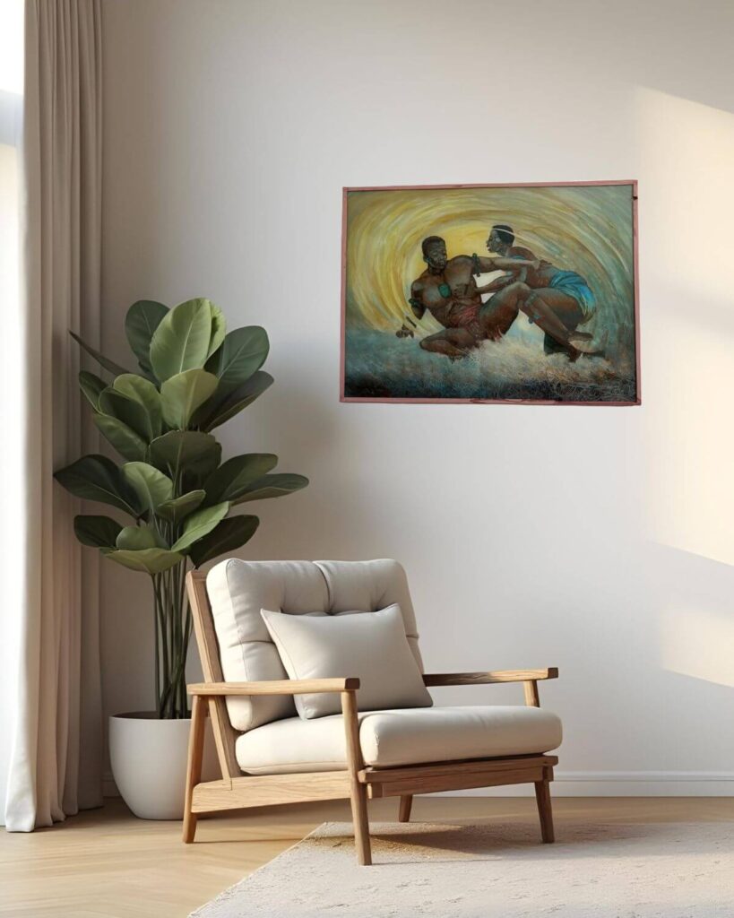 Underglass painting in modern living room corner, depicting two Senegalese wrestlers in training.