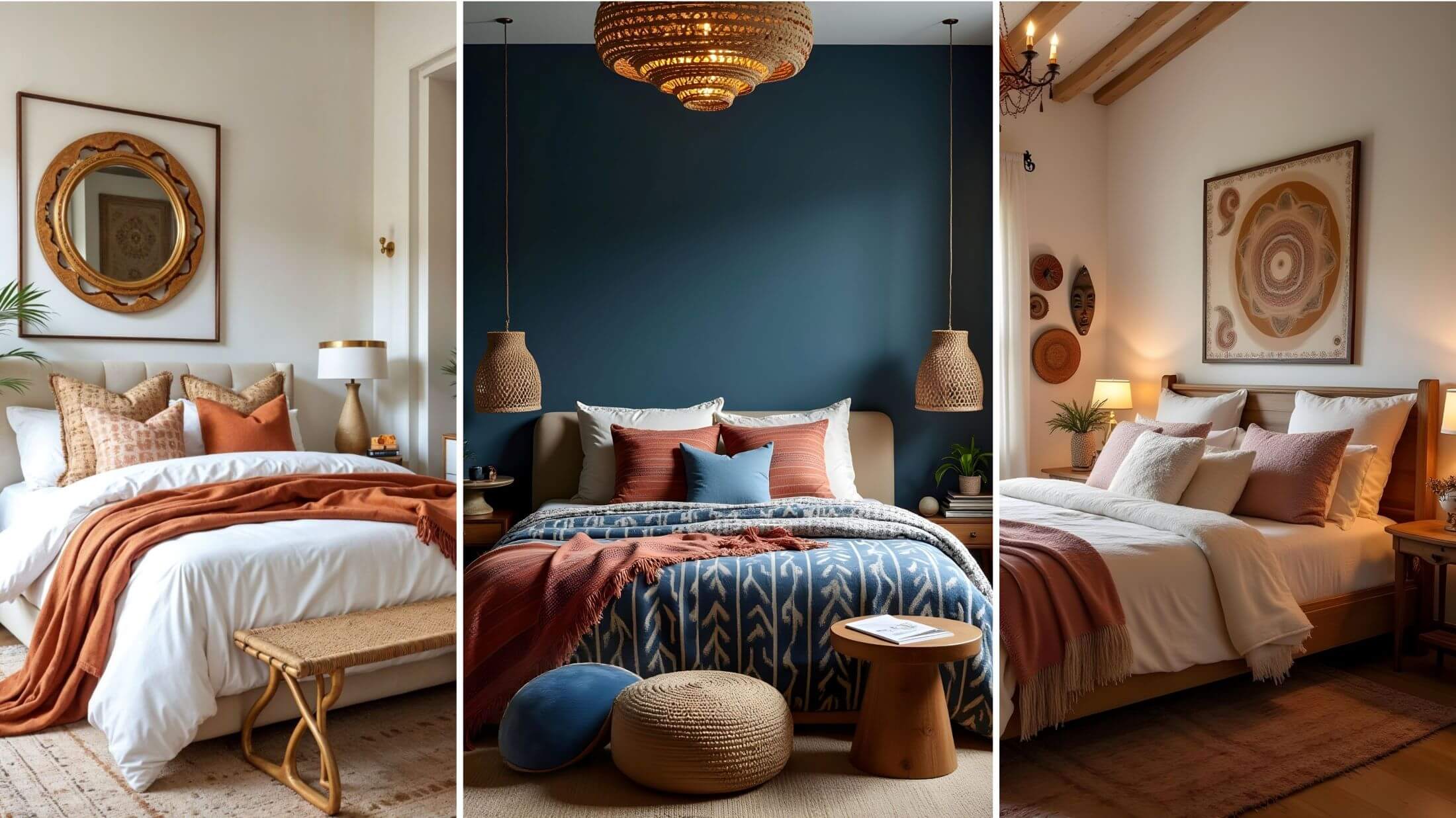 Collage of three Afro bohemian bedroom decor styles: luxurious with golden accents, white linen and terracotta bedspreads, bold in rich ocean blue hue with burnt orange accents and gorgeous woven decor, warm and cozy with plush bed linen and throw pillows and soft pink accents