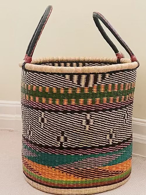 Artful laundry baskets with handles and intricate colorful patterns