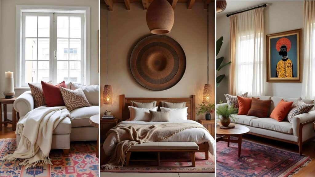 Bohemian interior decorating is showcased in this image featuring three unique living spaces. The first room has a cozy sectional sofa with throw pillows and a patterned rug under a bright window. The second focuses on a bedroom featuring a wooden bed frame and a large, round wall decoration next to hanging light fixtures. The third area shows a living room with a couch, colorful pillows, and a vibrant piece of artwork on the wall above it, complemented by a patterned rug. All spaces reflect Bohemian interior decorating through their eclectic decor choices and warm, inviting atmospheres.