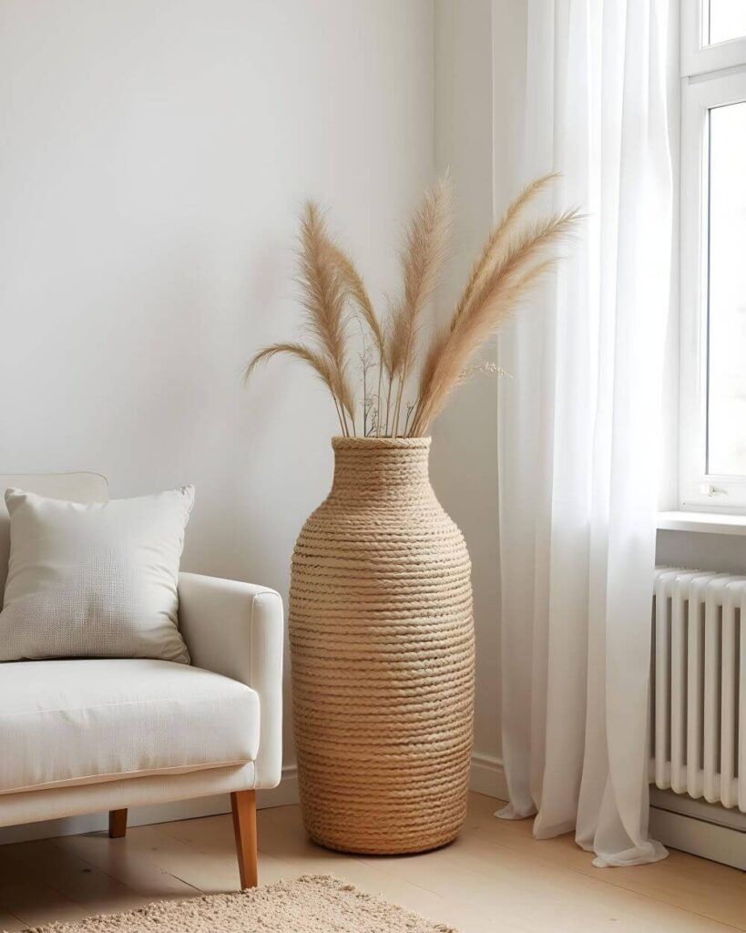 A modern living room with a beige sofa, a large buhera basket, jewel among African baskets, with pampas grass, and white curtains.