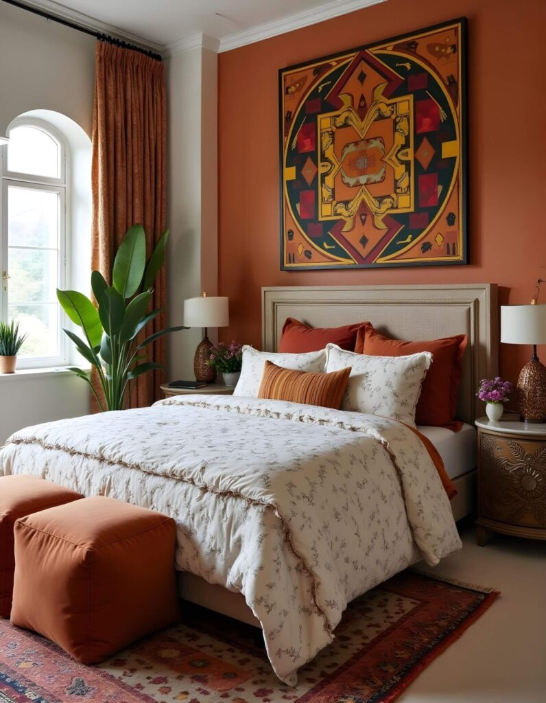 Bedroom with Bohemian interior decorating. A bedroom features a queen-sized bed with an off-white headboard, floral patterned bedding, and orange pillows, set against an orange-painted wall adorned with a large mandala art piece. Two matching, orange, cube-shaped ottomans reside at the foot of the bed. A round wooden nightstand with floral carvings and a white lamp sits to the side of the bed. To the left, a window with semi-circular arch is framed by an orange curtain and lush green plants. The floor has a vintage-style patterned rug.