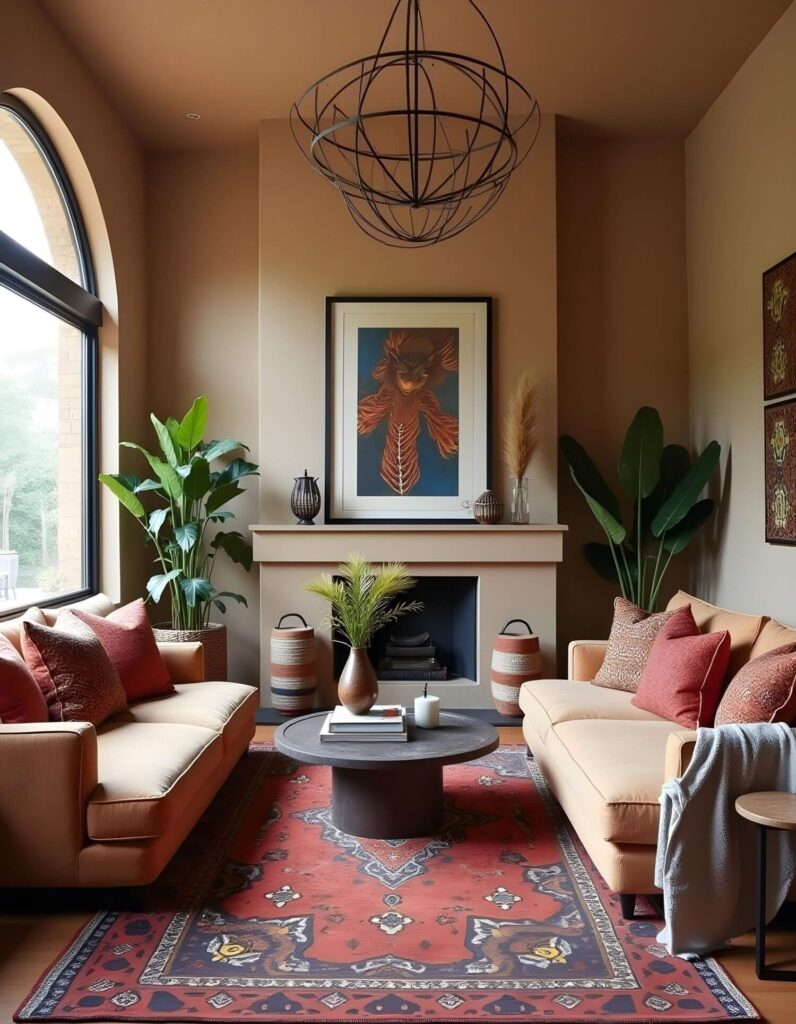 Earth-toned living room showcasing two sofas facing each other, a red patterned rug and a large framed art piece above the fireplace.