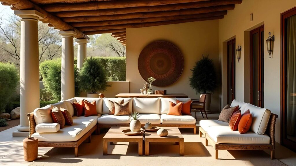 Living space outdoor in a large stunning terrace with greek colums separating it from the garden. Beautiful angle couch and matching 2-seater in wood with white cushions and colorful throw pillows in terracotta color. 2 rectangular low wooden coffee tables pushed together to make a larger table with decor items on it. Behind the angle couch, a dining area and a wall decorated with a stunning extra large woven wall basket