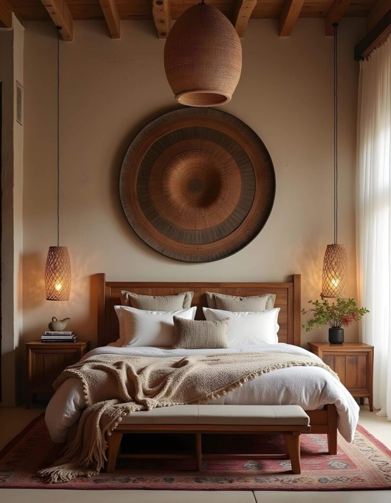 Bohemian interior decorating: A serene bedroom features warm, neutral tones with a wooden bed frame, plush white bedding, and a textured throw blanket, complemented by woven pendant lights and a large, circular wall decoration above the bed. Wooden nightstands flank the bed, and a traditional rug adds a touch of color to the floor.