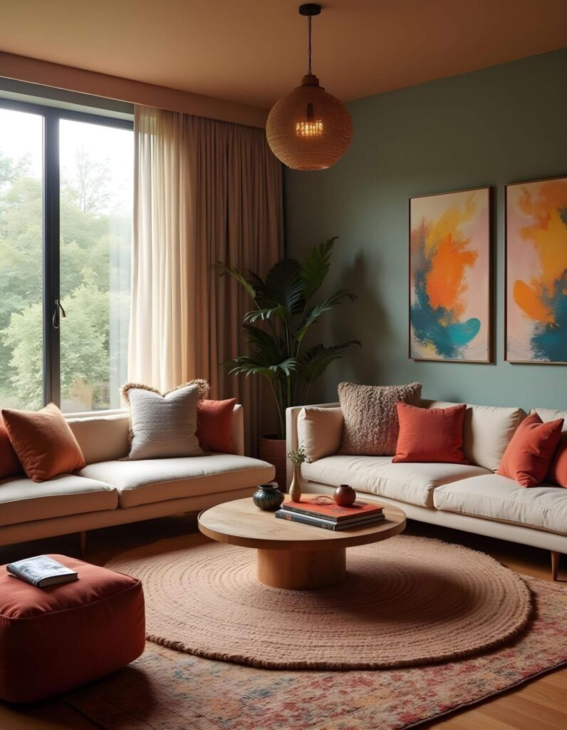 Afro Boho interior decorating style living room with neutral colored sofas, rust colored pillows, and striking modern art, enhanced by a round center table atop layered rugs.