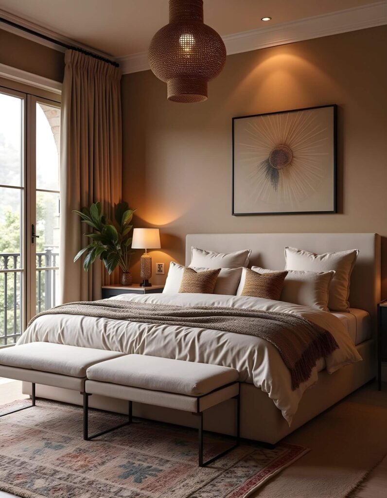 Beige bedroom with Afro boho interior decorating. The light beige walls of the bedroom create warm, inviting atmosphere, complemented by soft, textural elements throughout the room. A king-sized bed takes center stage, adorned with light-colored linens and a woven throw. Natural light floods in from the window on the left and accentuates the earthy tones of the room. A large decorative print hangs above the headboard and adds character to the wall décor. Two benches are at the end of the bed, offering a spot for decorative items.