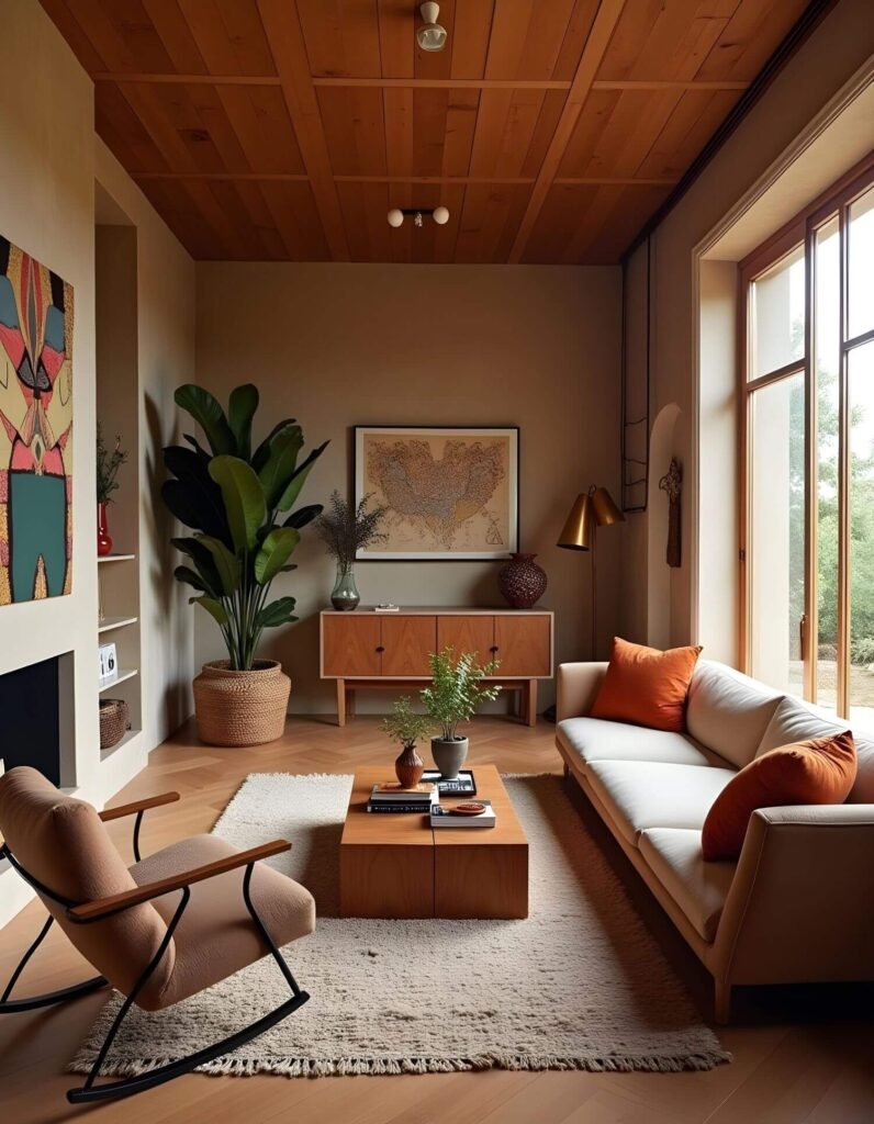 Afro Bohemian interior decorating: A cozy, earth-toned living room featuring a neutral sofa with orange pillows, a wooden coffee table, a statement plant, and a rocking chair on a textured rug, showcasing a warm, inviting, and eclectic design style.