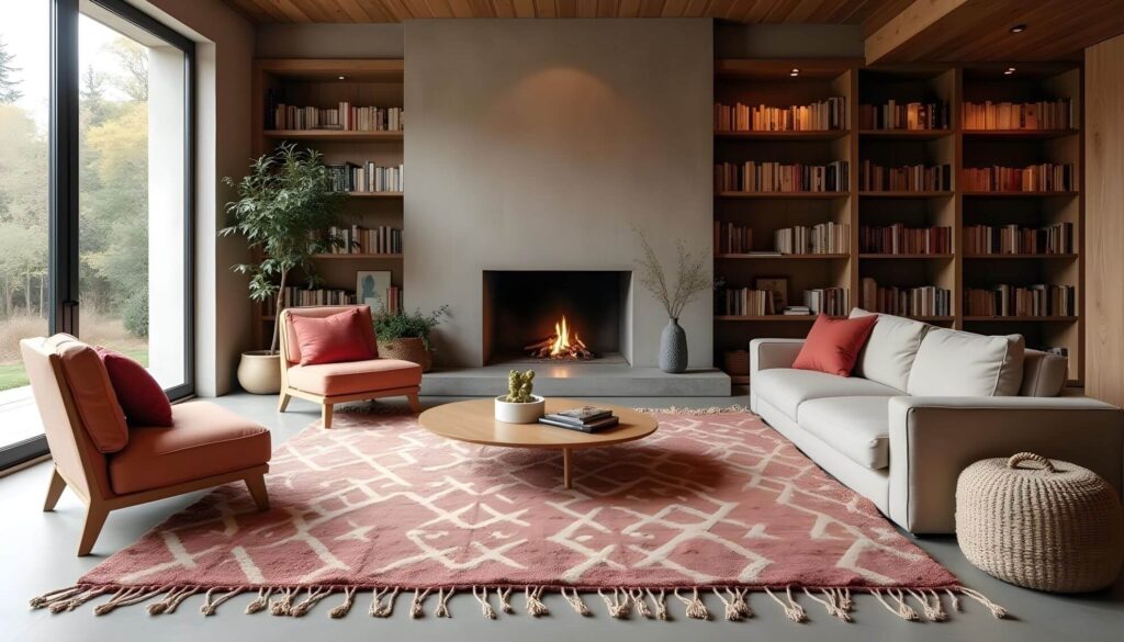 Moroccan rug styles example with a gorgeous light red rug in a luxury living room with a couch, a low wooden coffee table, two wooden accent chairs with orange cushions and reg throw pillows, a chimney and a library