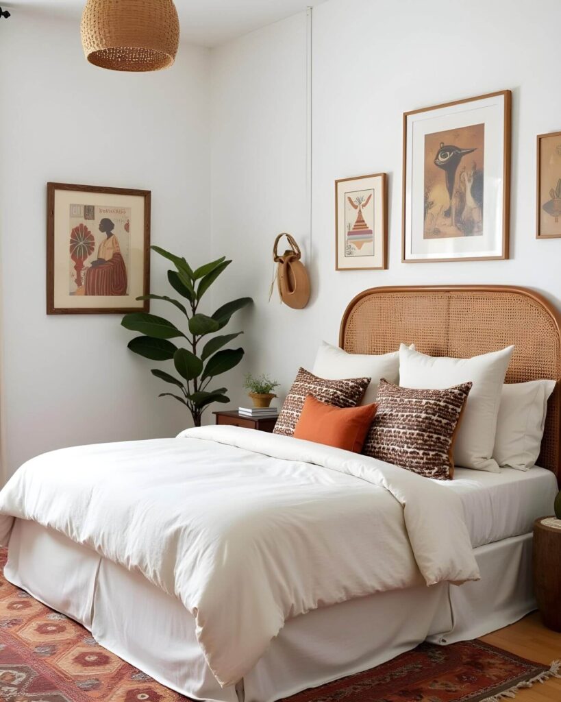 A cozy bedroom featuring African-inspired Bohemian interior decorating elements. A queen-sized bed with a white duvet and a ruffled bed skirt is adorned with multiple pillows, including white, rust-colored, and patterned throw pillows that sit against a woven rattan headboard. The walls are decorated with framed prints with images of people and animals, adding an artistic touch. A lush fig tree sits next to a dark wood nightstand, topped with books and small potted plant, adding natural elements to the space, while a woven ceiling light fixture gives the room a warm glow. A patterned rug adds warmth and character to the Bohemian interior decor.