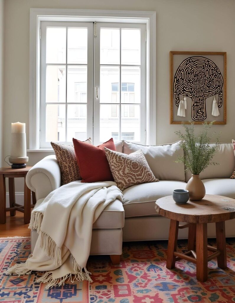 A cozy living room showcases a neutral sectional sofa adorned with patterned pillows and a fringed throw blanket, complemented by a rustic wooden coffee table and a vibrant, patterned area rug.