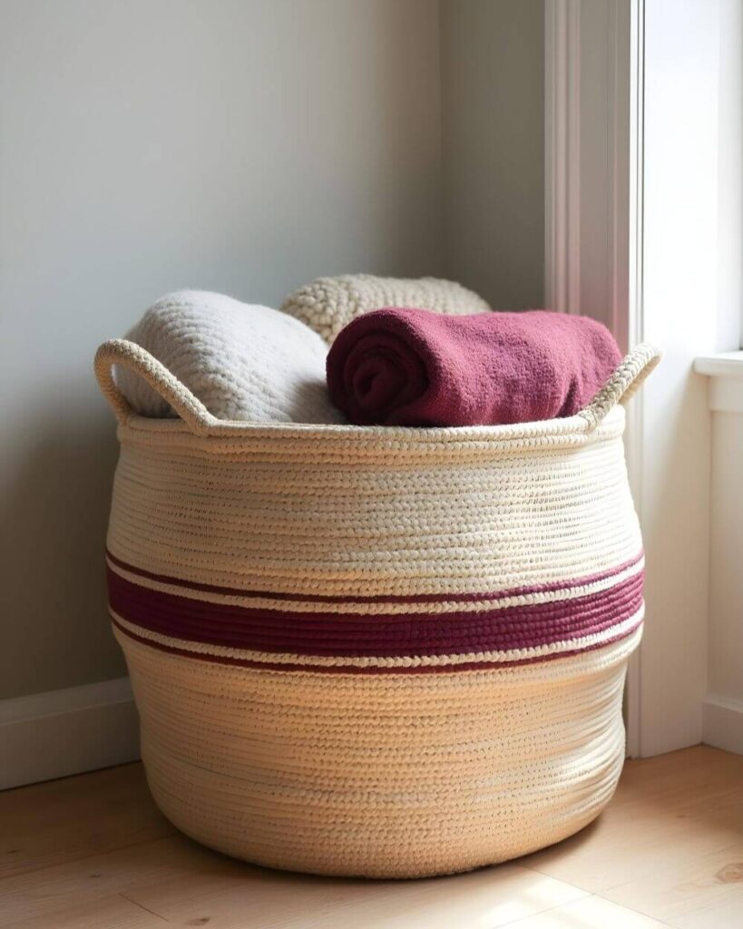 A large, round storage sisal basket with blankets inside sits in the corner of a room. The basket has a cream-colored base with three wide, horizontal maroon stripes around its midsection. Two rope handles extend from the top edge of the basket. Inside, there are three blankets: one is a fluffy, cream-colored blanket, another is similarly textured but light beige, and the third is a maroon rolled blanket. The basket sits on a light-colored wooden floor that is partially visible beside and in front of the basket. The walls of the room are a neutral gray, and a white window frame is visible to the right side of the scene, adding a sense of natural light.